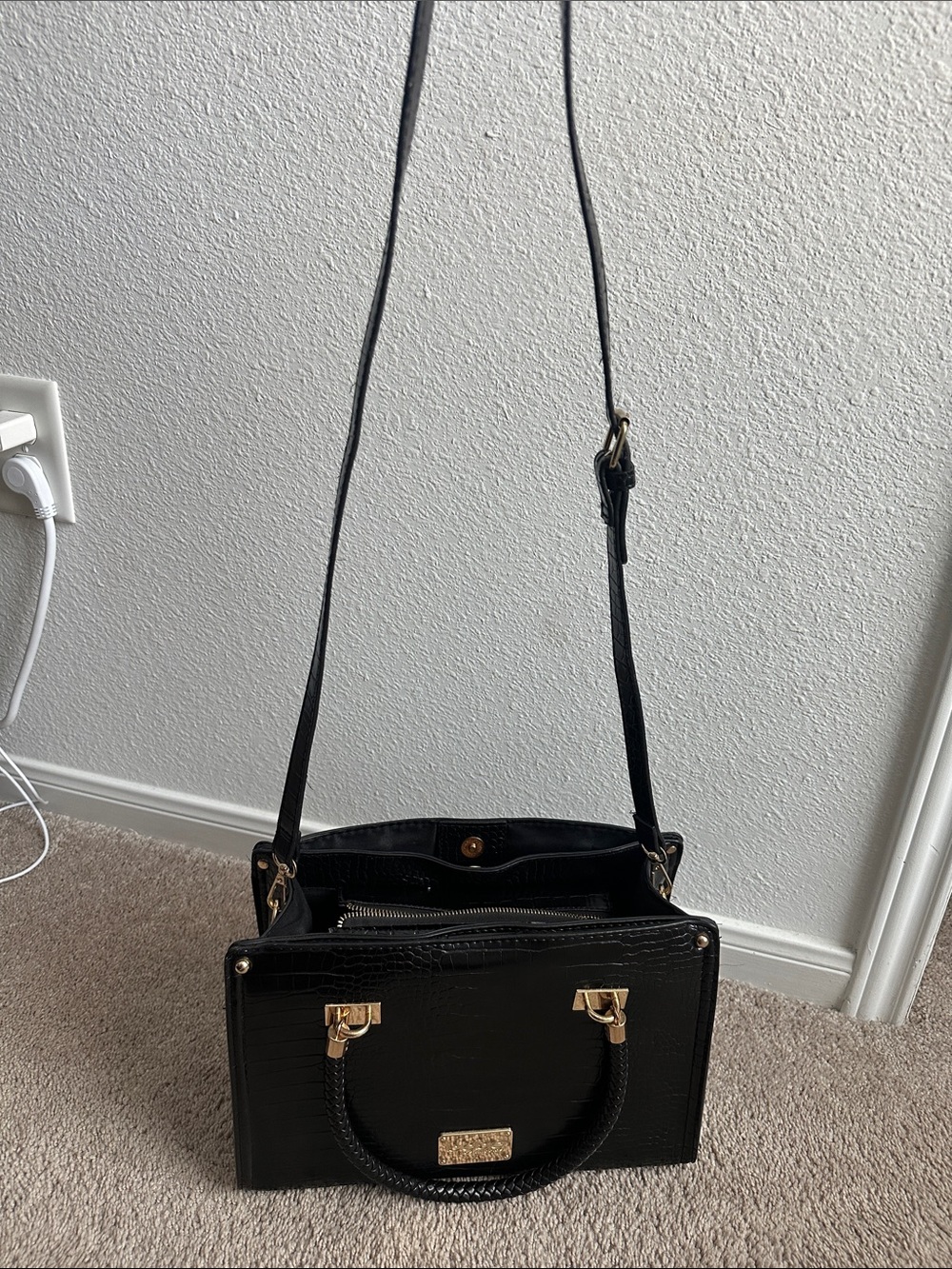 bebe Black Croc-Embossed Satchel with Gold Hardware